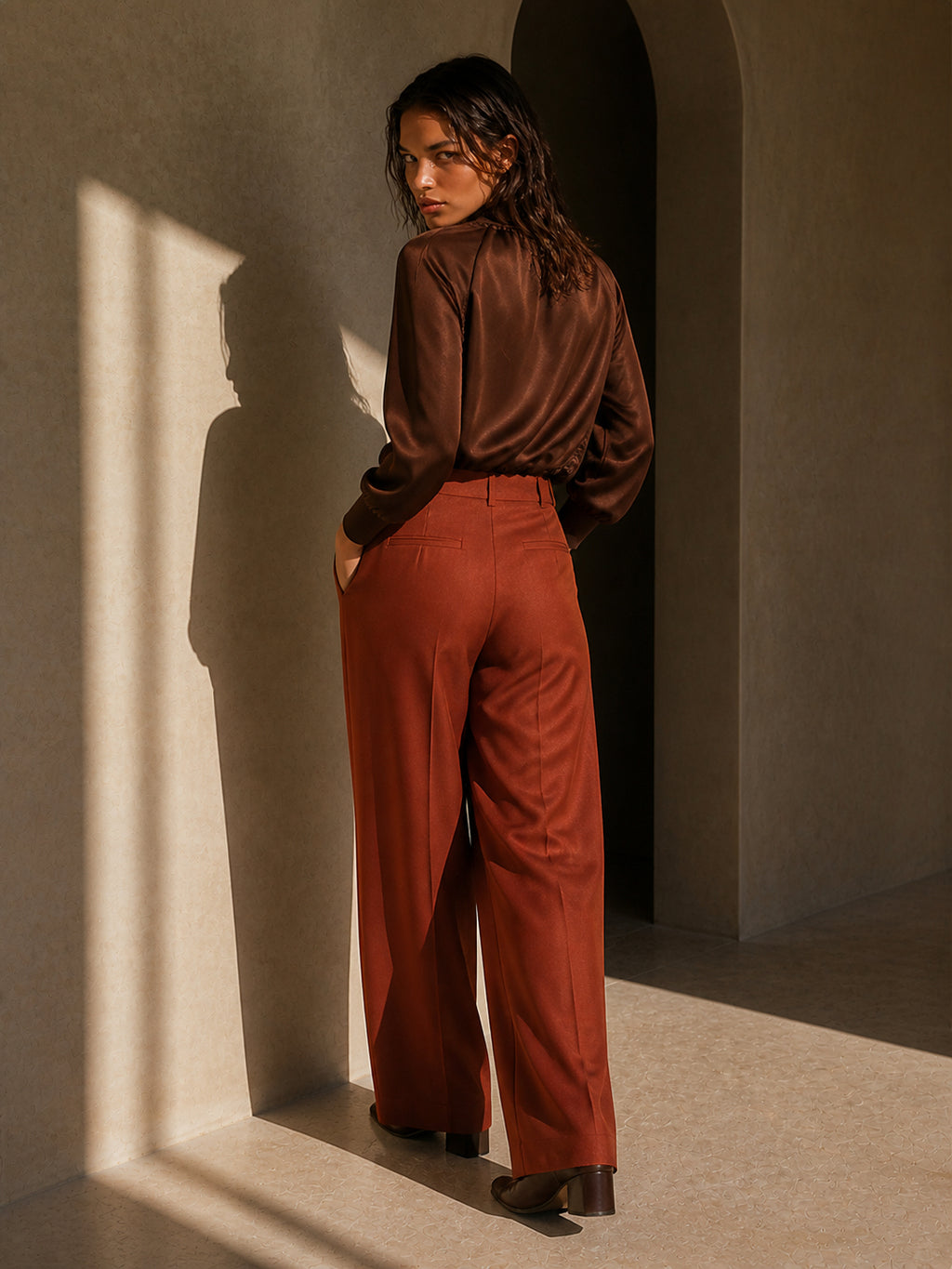 Ruched Zip-Front Wide-Leg Set