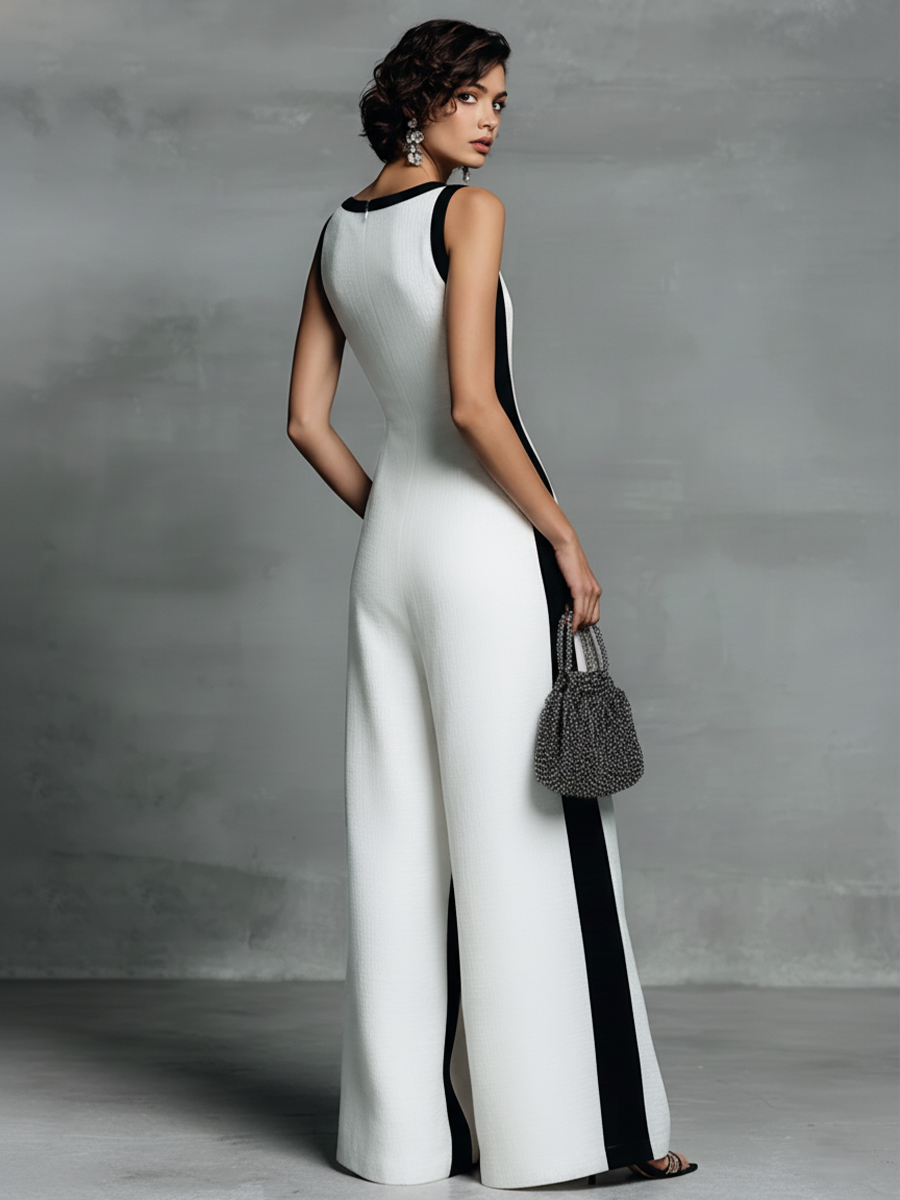 Linen Blend V-Neck Wide Leg Jumpsuit with Black Trim