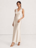 Scalloped V-Neck Satin Maxi Dress