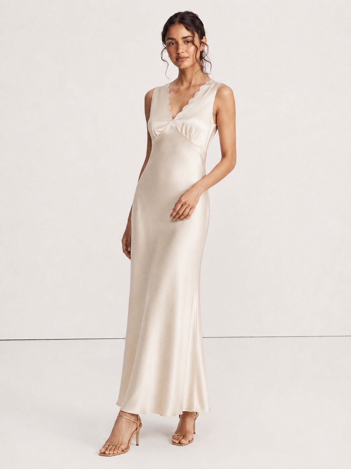 Scalloped V-Neck Satin Maxi Dress