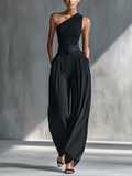 Silk One-Shoulder Wide-Leg Jumpsuit with Belted Waist and Draped Design