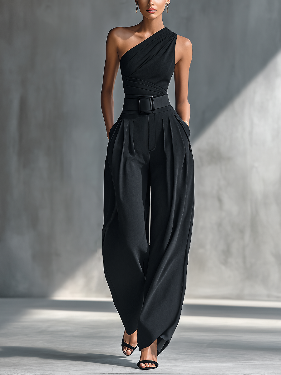 Silk One-Shoulder Wide-Leg Jumpsuit with Belted Waist and Draped Design