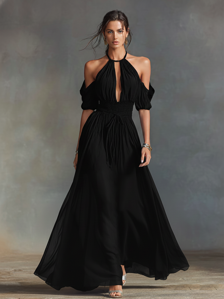 Chiffon Halter Maxi Dress with Deep V-Neck and Off-Shoulder Sleeves - Elegant Black Evening Gown for Formal Events