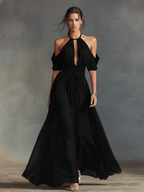 Vestido largo de gasa con escote halter, escote en V profundo y mangas caídas - Elegante vestido de noche negro para eventos formales