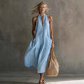 Halter Neck Linen Pocket Maxi Dress