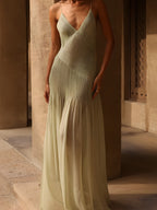 Pleated V Neck Maxi Dress
