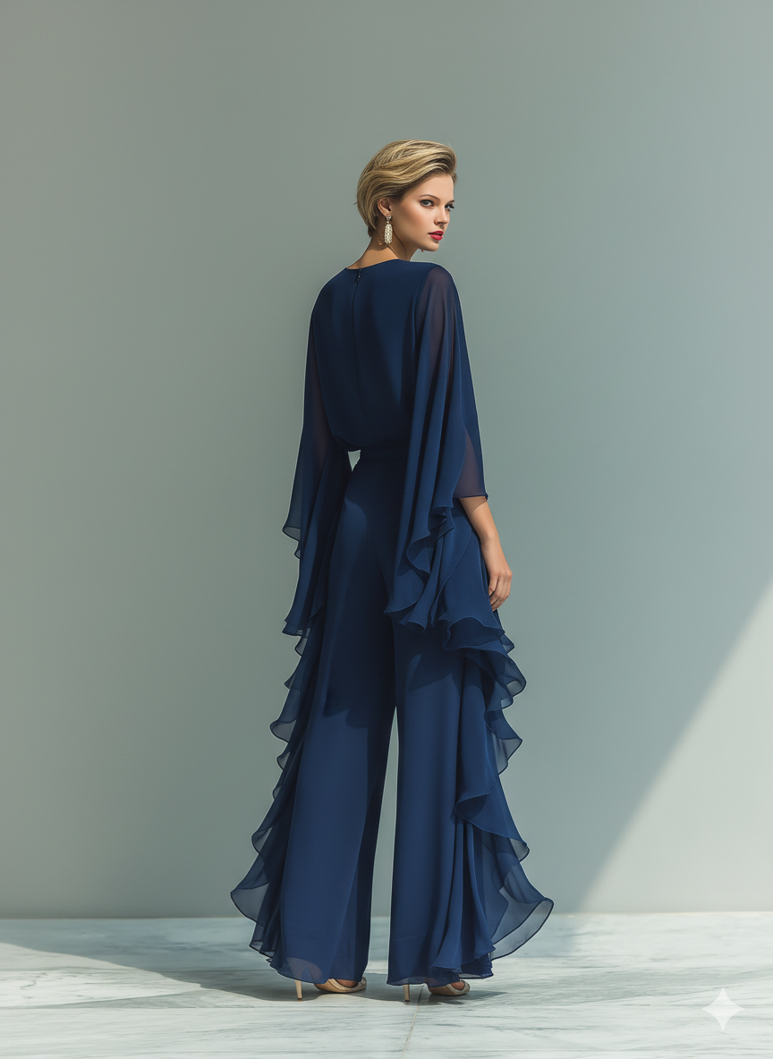 Chiffon Long Sleeve Layered Ruffle Maxi Dress for Women Elegant Navy Blue Formal Evening Gown with Cape Sleeves