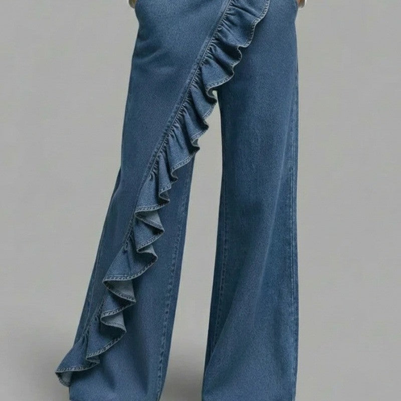 Asymmetrical Ruffle Denim Pants