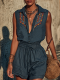 Cotton Denim Embroidered Sleeveless Romper with Drawstring Waist and Boho Style
