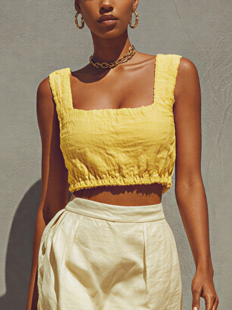 Linen Blend Square Neck Crop Top & Fringed Mini Skirt Set - Boho Summer Outfit for Women