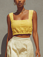 Leinenmischung Neckholder Crop Top & Fransiger Minirock Set - Boho Sommer Outfit für Damen