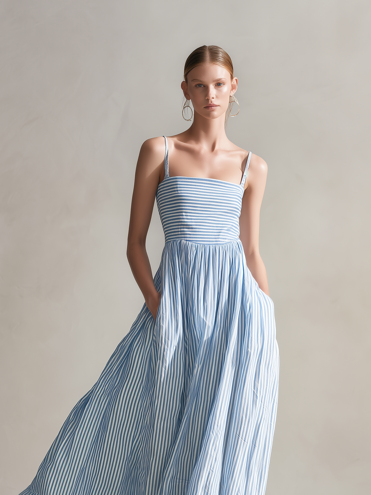 Cotton Striped Maxi Dress with Spaghetti Straps and Tiered Skirt