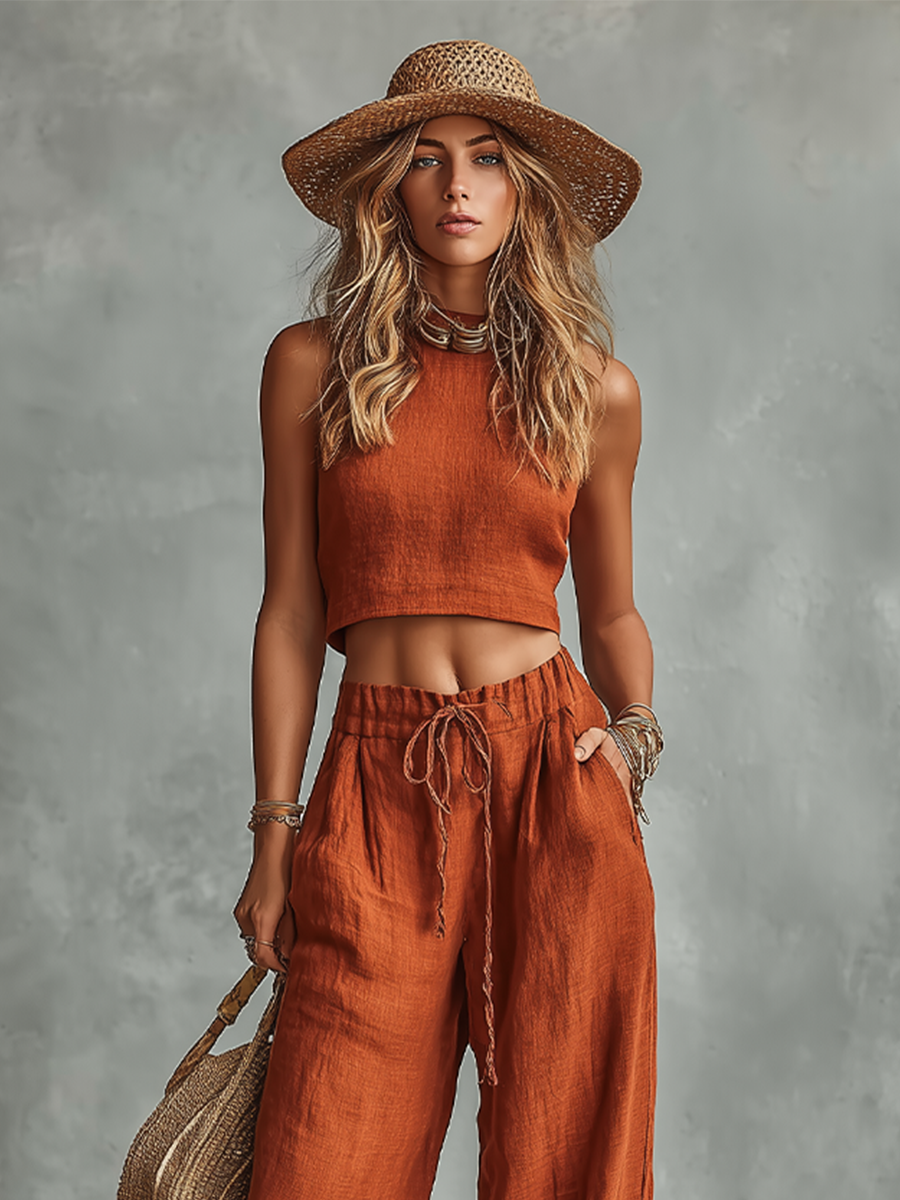 Linen Wide Leg Pants Set Women Rust Color Crop Top & High Waist Palazzo Pants Boho Summer Outfit