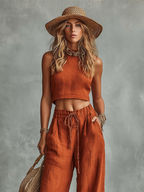 Leinen-Hosenanzug für Damen, rostfarbenes Crop-Top und High-Waist Palazzo-Hose, Boho-Sommer-Outfit