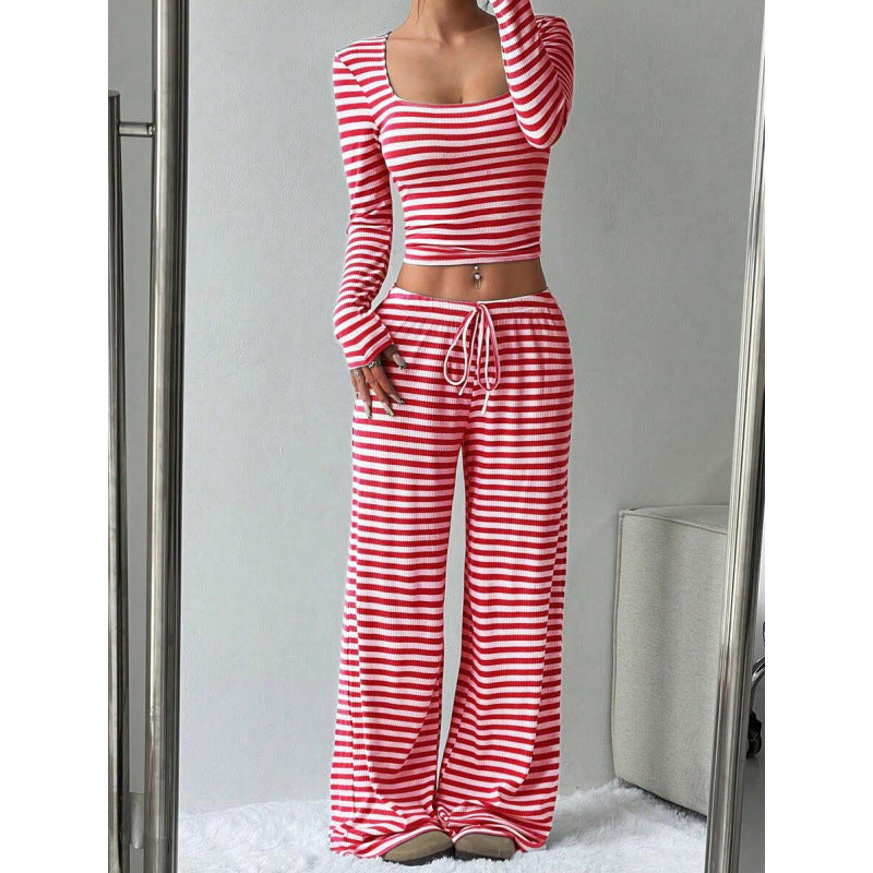Striped Crop Top Wide Leg Pants Set