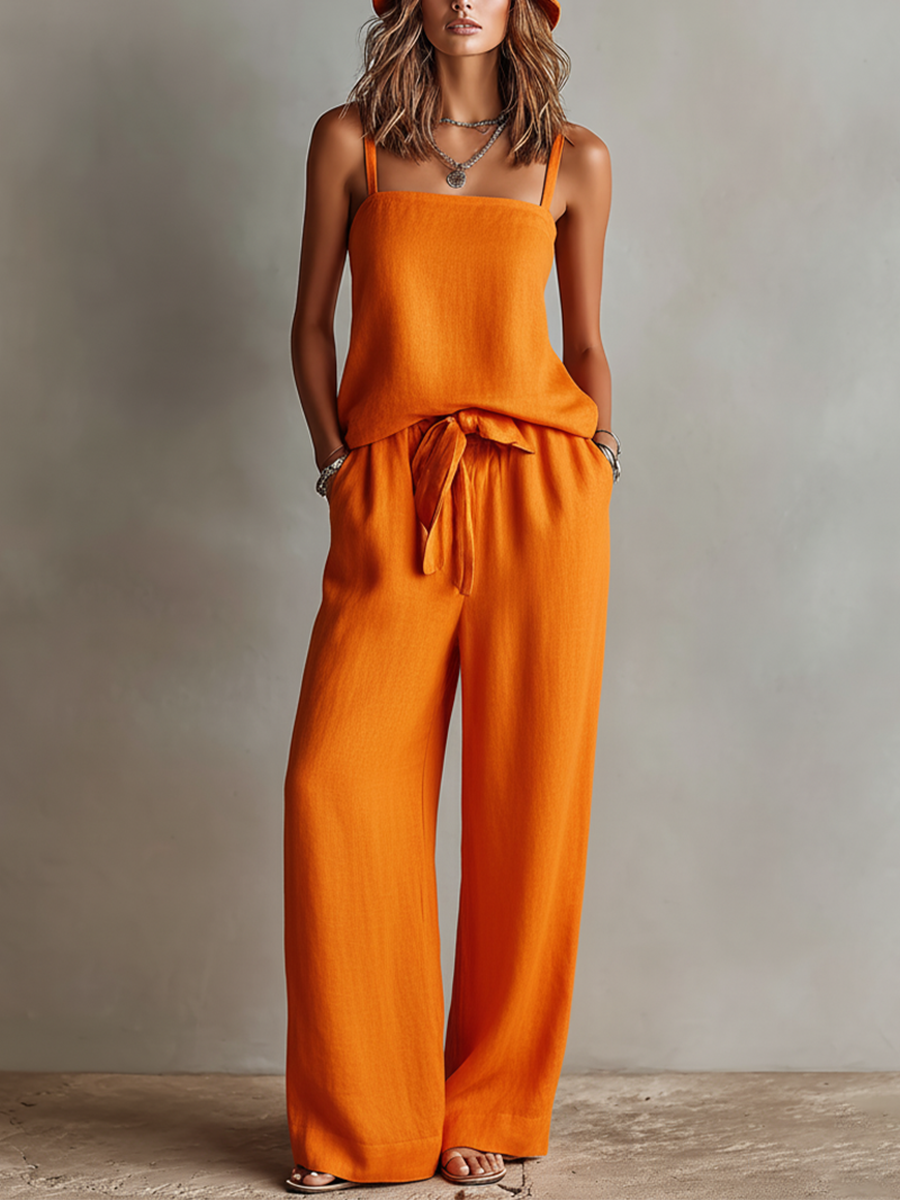 Linen Women's Orange Jumpsuit with Wide Leg and Adjustable Straps