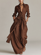 Leinen-Jumpsuit mit weitem Bein, Taillengürtel und Umlegekragen