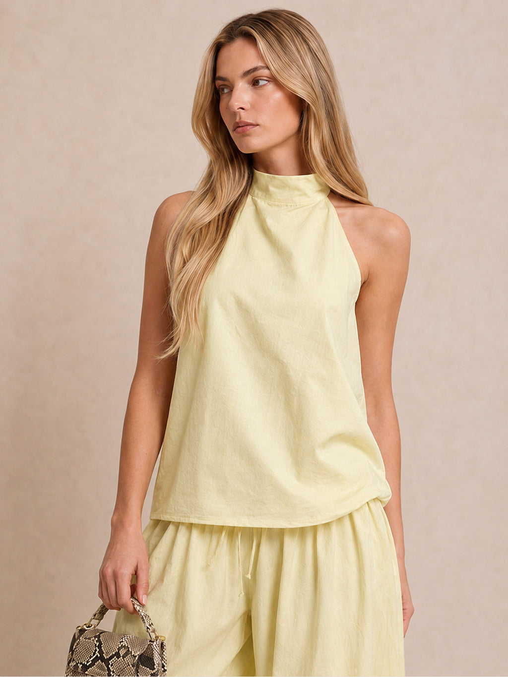 Light Yellow Linen-Blend Halter Top & Wide-Leg Pants Set