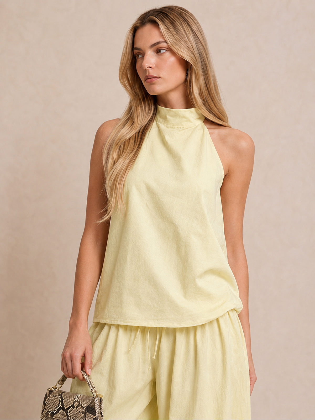Light Yellow Linen-Blend Halter Top & Wide-Leg Pants Set