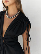 Deep V Neck Lace Up Backless Midi Dress