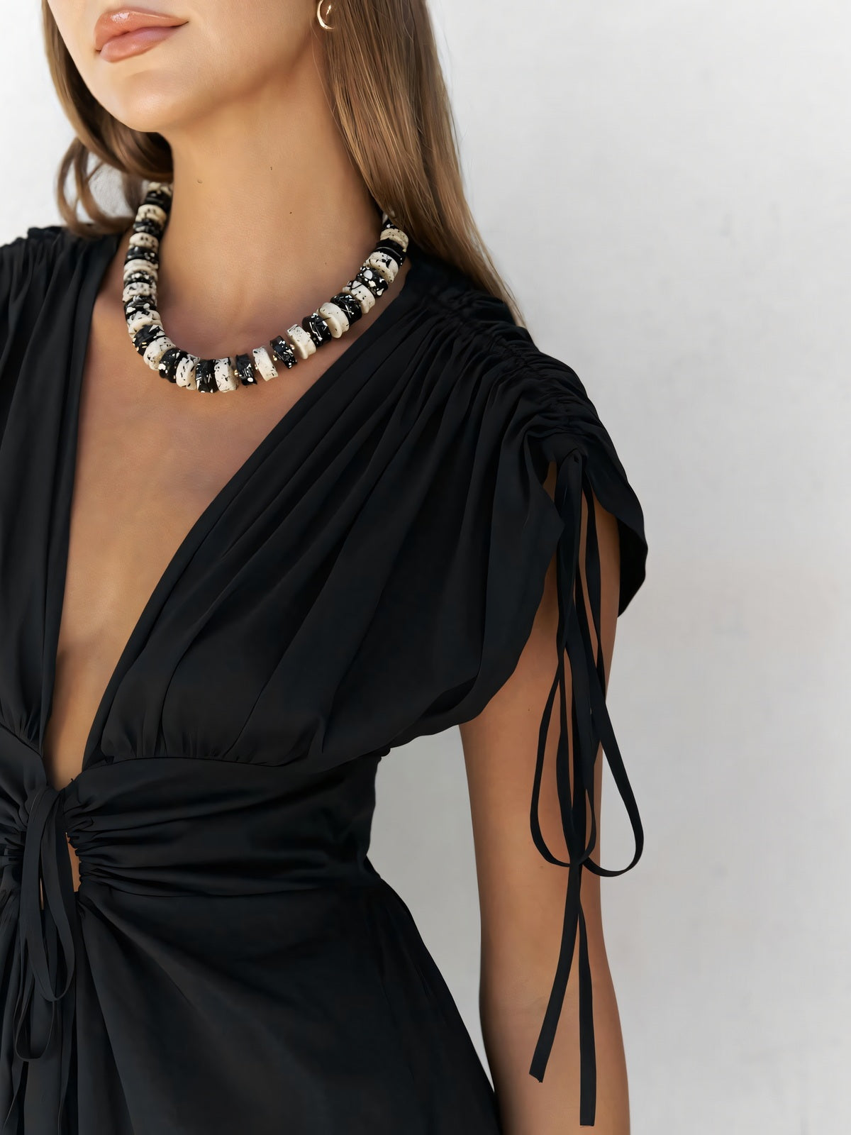 Deep V Neck Lace Up Backless Midi Dress