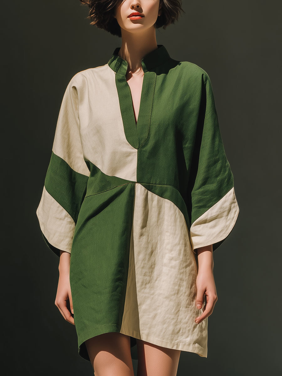 Linen Blend Color-Block Tunic Dress with V-Neck and Wide Sleeves