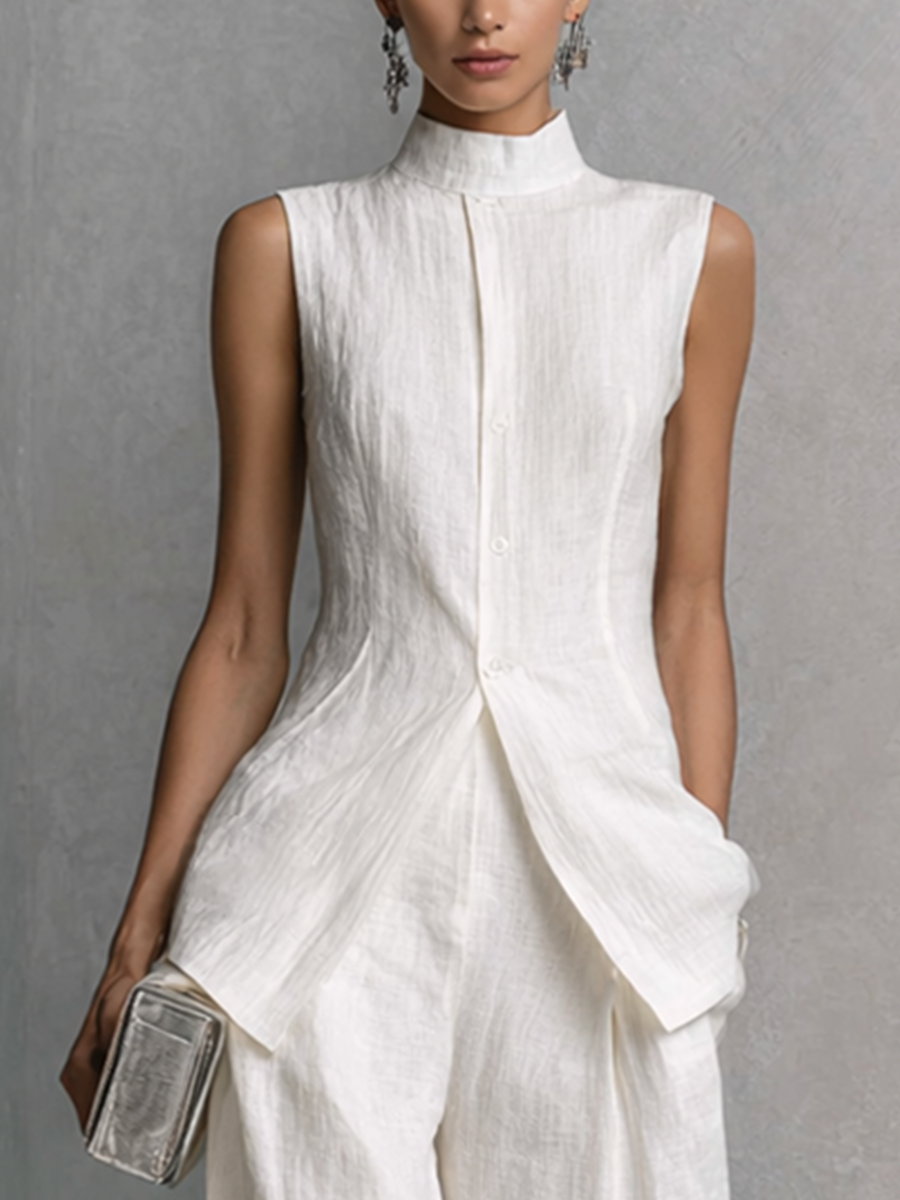 Linen Sleeveless High Neck Tunic with Wide Leg Pants Set Elegant Minimalist Women's Outfit