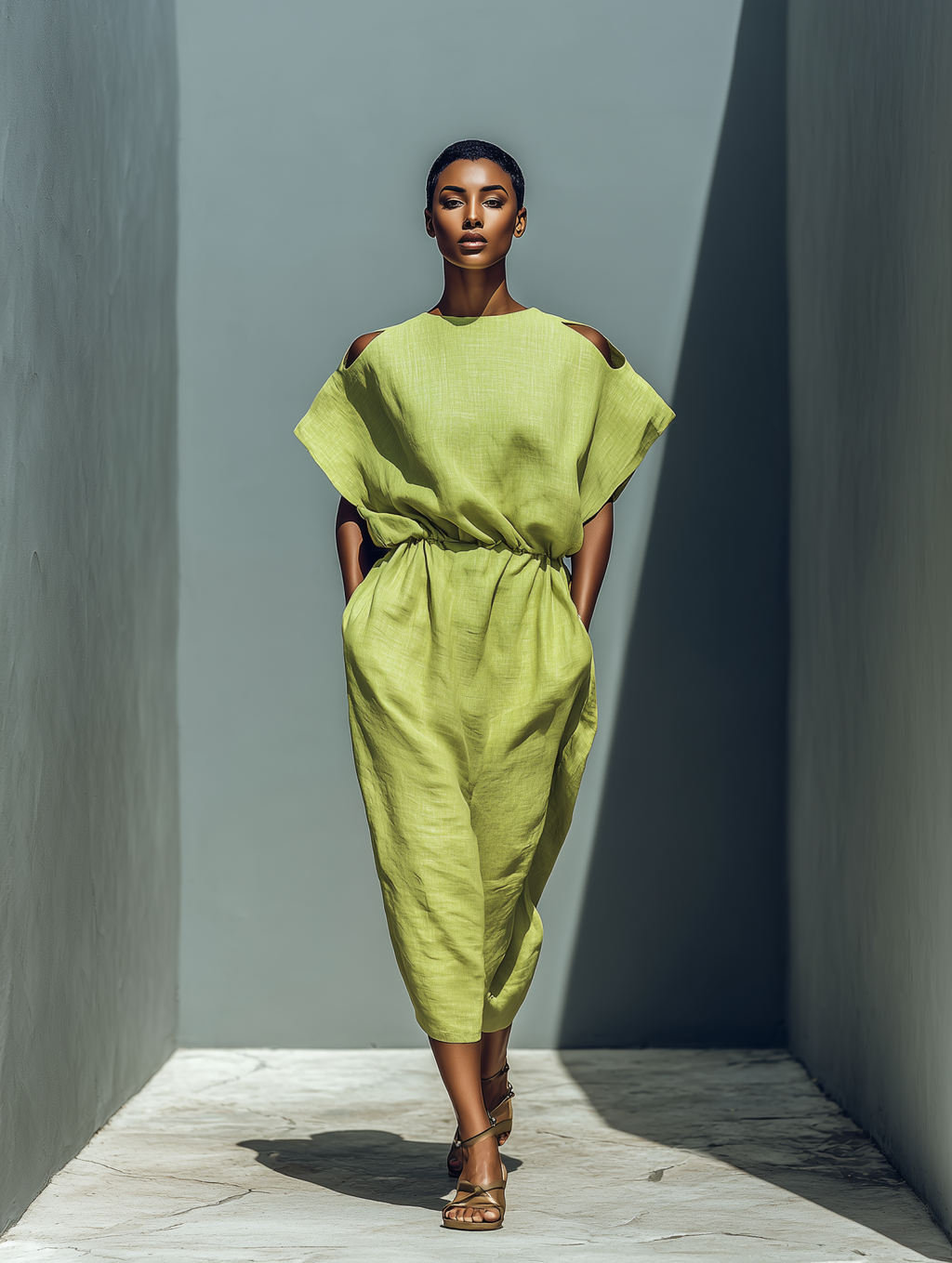 Linen Cold Shoulder Midi Dress with Elastic Waist and Wide Sleeve