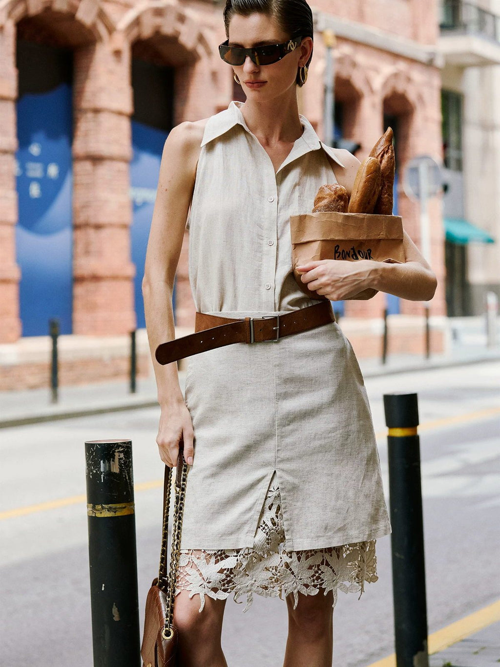 Patchwork Hollow-Out Lace Tencel-Linen Skirt