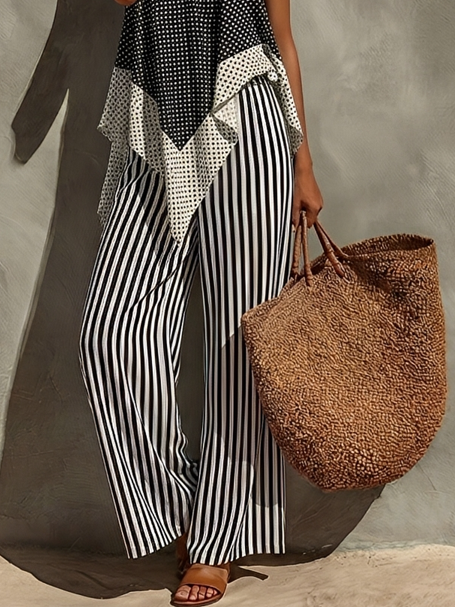 Cotton Blend One Shoulder Asymmetrical Top with Striped Wide Leg Pants Set