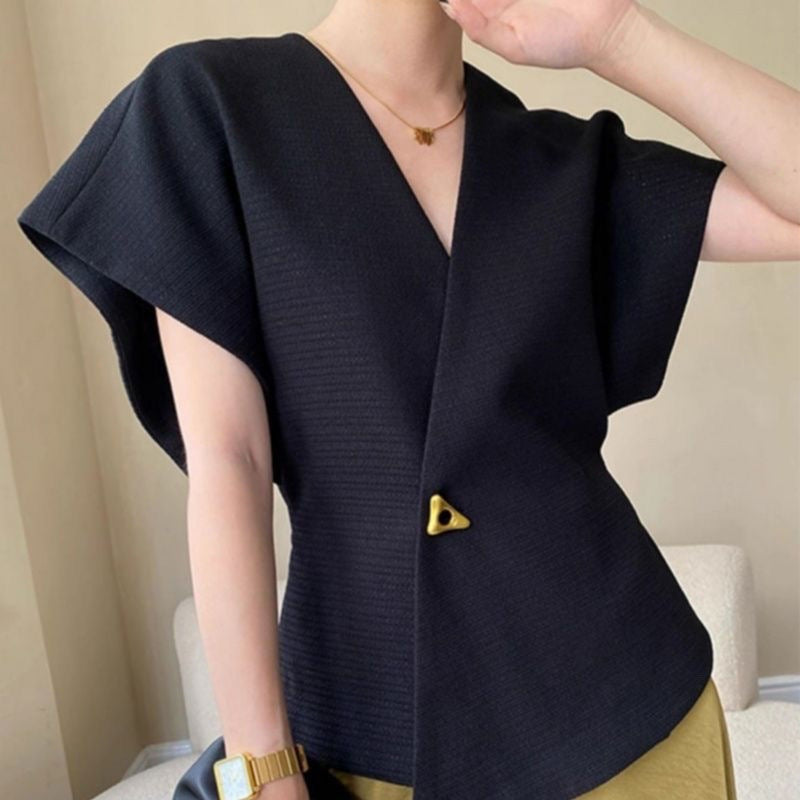 Asymmetric V-Neck Short Sleeve Blouse