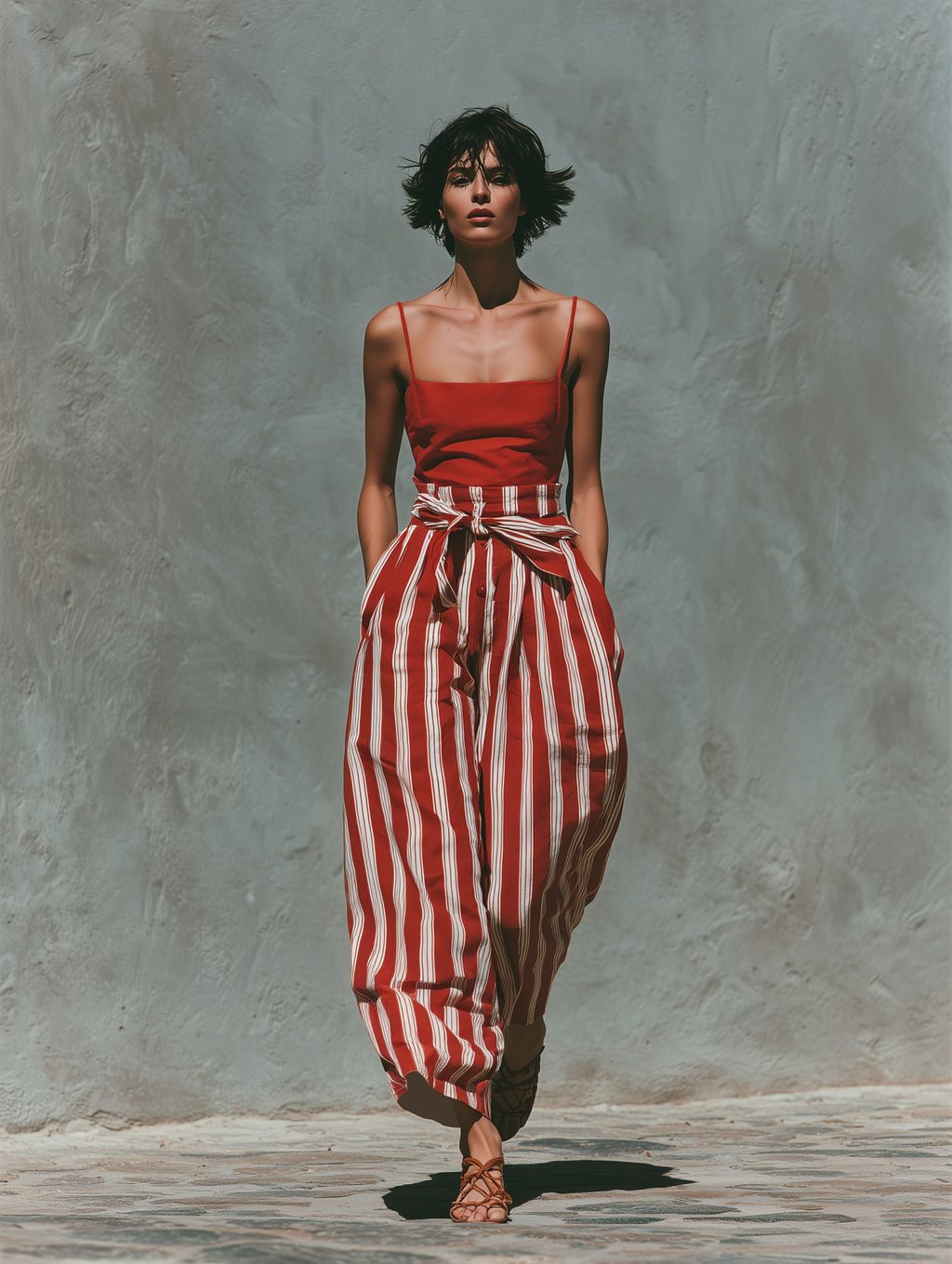 Cotton Linen Red Striped Wide Leg Pants with Tie Waist High Waisted Palazzo Trousers for Women Summer Boho Fashion