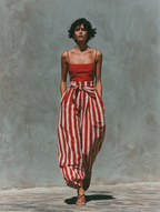 Pantalon palazzo rouge rayé en coton et lin avec taille à nouer et taille haute pour femme, style bohème estival