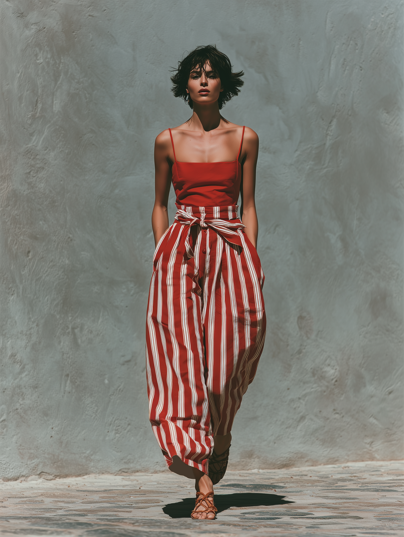 Cotton Linen Red Striped Wide Leg Pants with Tie Waist High Waisted Palazzo Trousers for Women Summer Boho Fashion