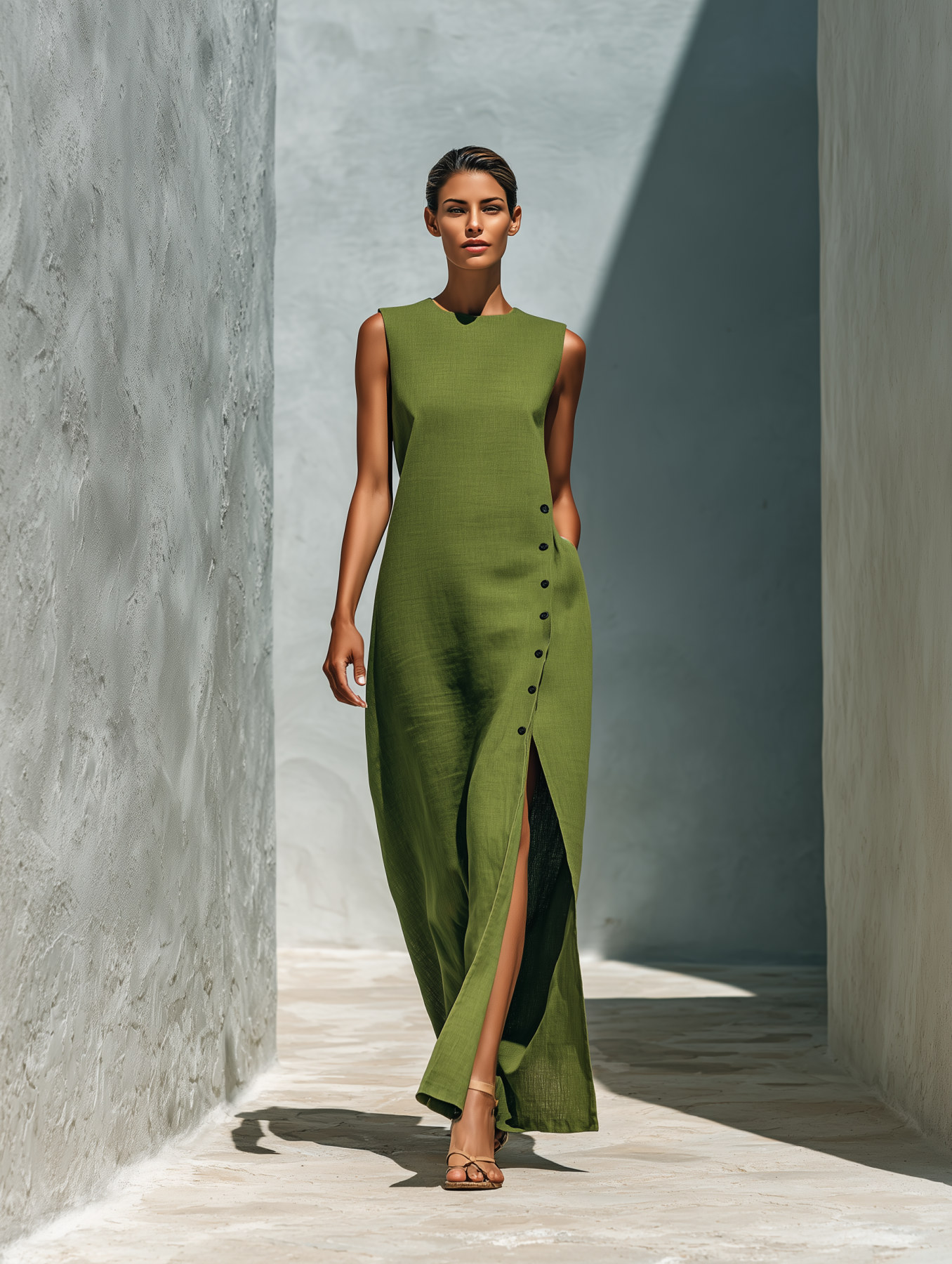 Linen Maxi Dress with Side Button Detail and High Slit for Women