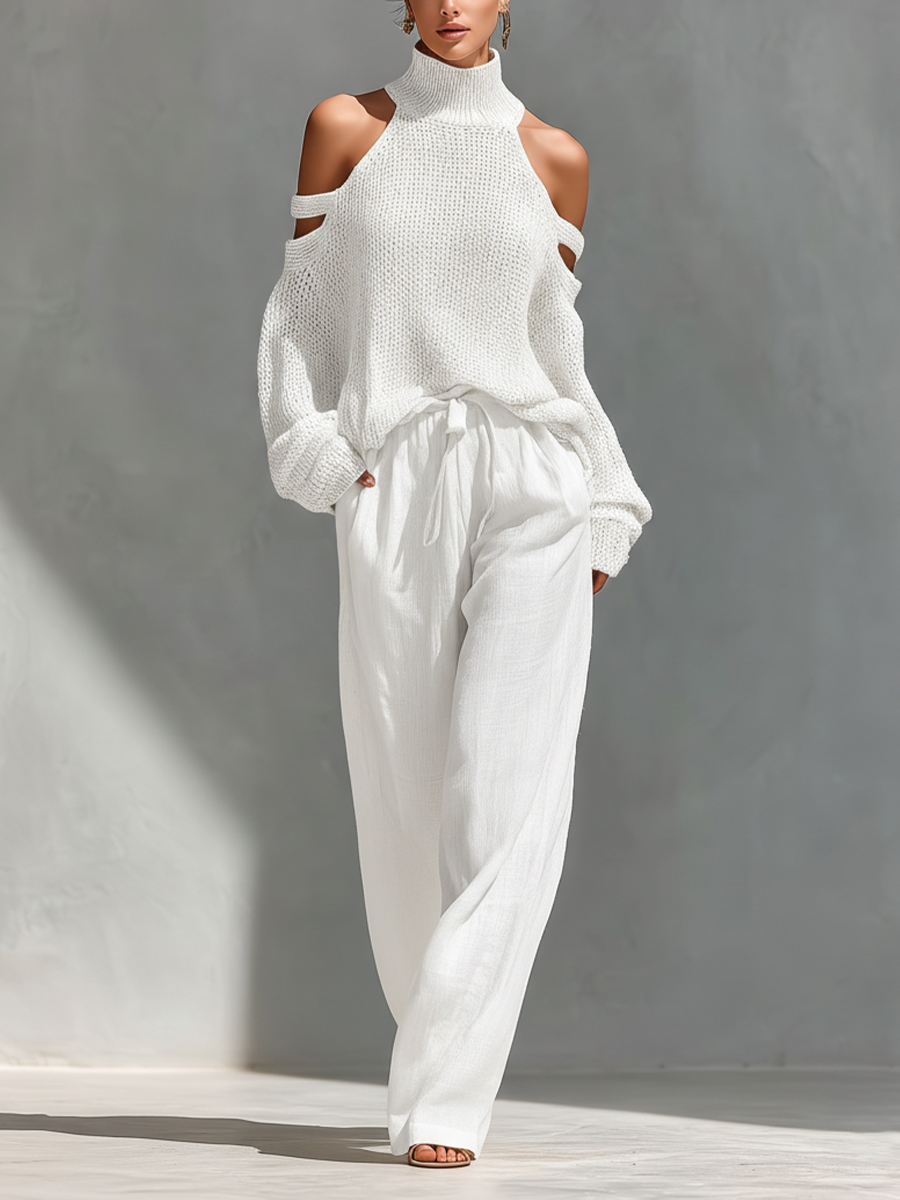 Knit Wool Off-Shoulder High Neck Sweater Set with Linen Wide Leg Pants