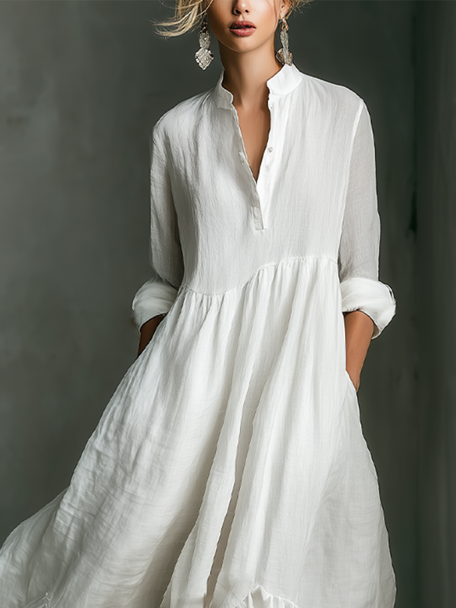 Linen Long Sleeve Maxi Dress with Ruffle Hem and Button Down Collar