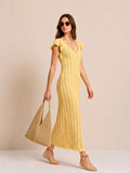 Yellow Cotton-Linen Knit Midi Dress – V-Neck with Ruffle Sleeves