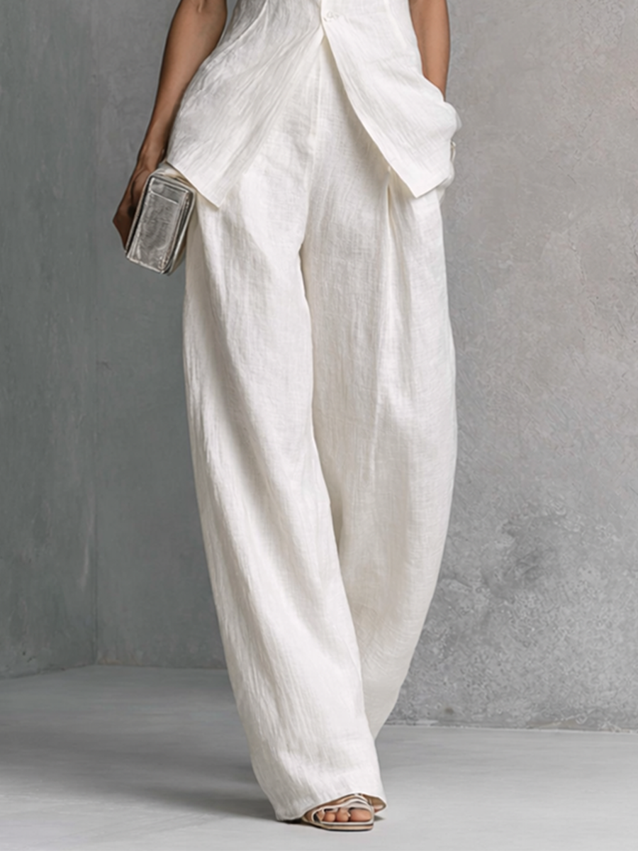 Linen Sleeveless High Neck Tunic with Wide Leg Pants Set Elegant Minimalist Women's Outfit
