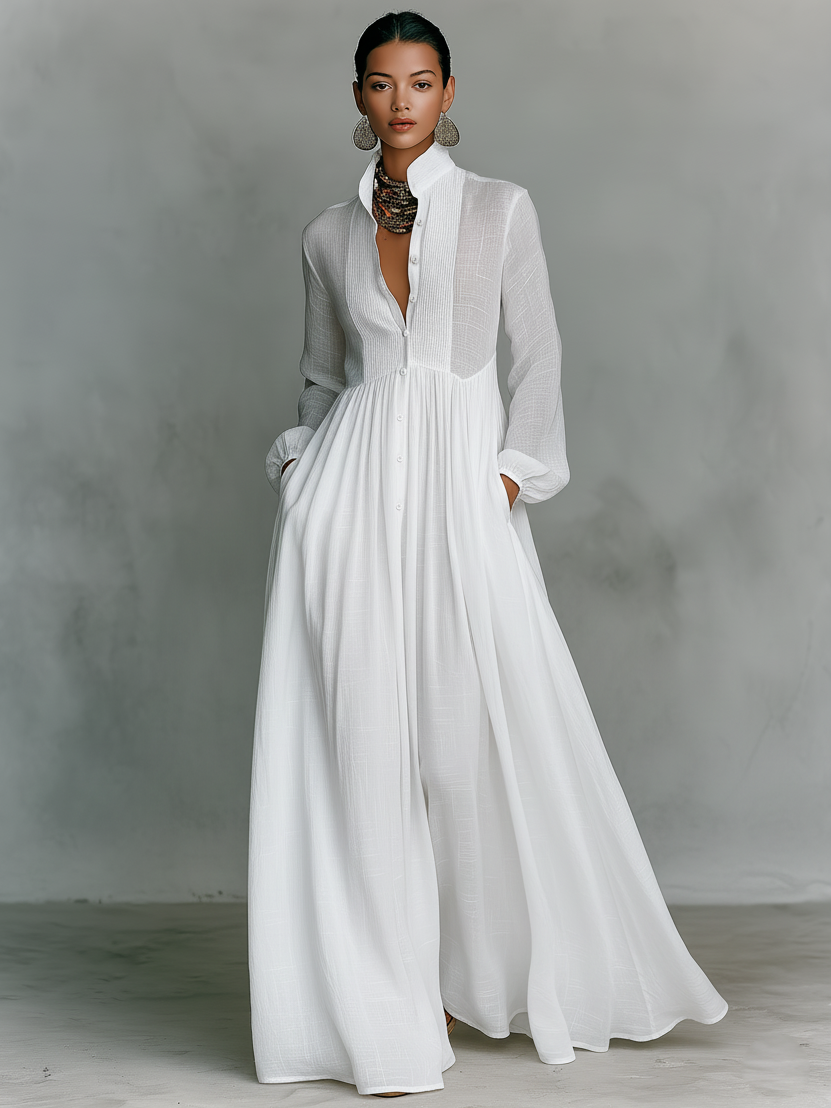 Linen Long Maxi Dress for Women with High Collar and Button Front - Flowy Boho Style White Summer Dress