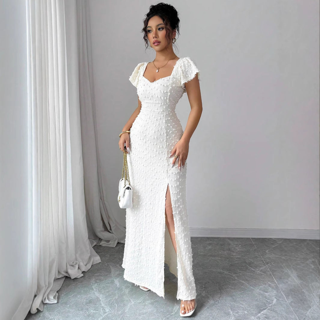 Textured Square Neck Slit Maxi Dress