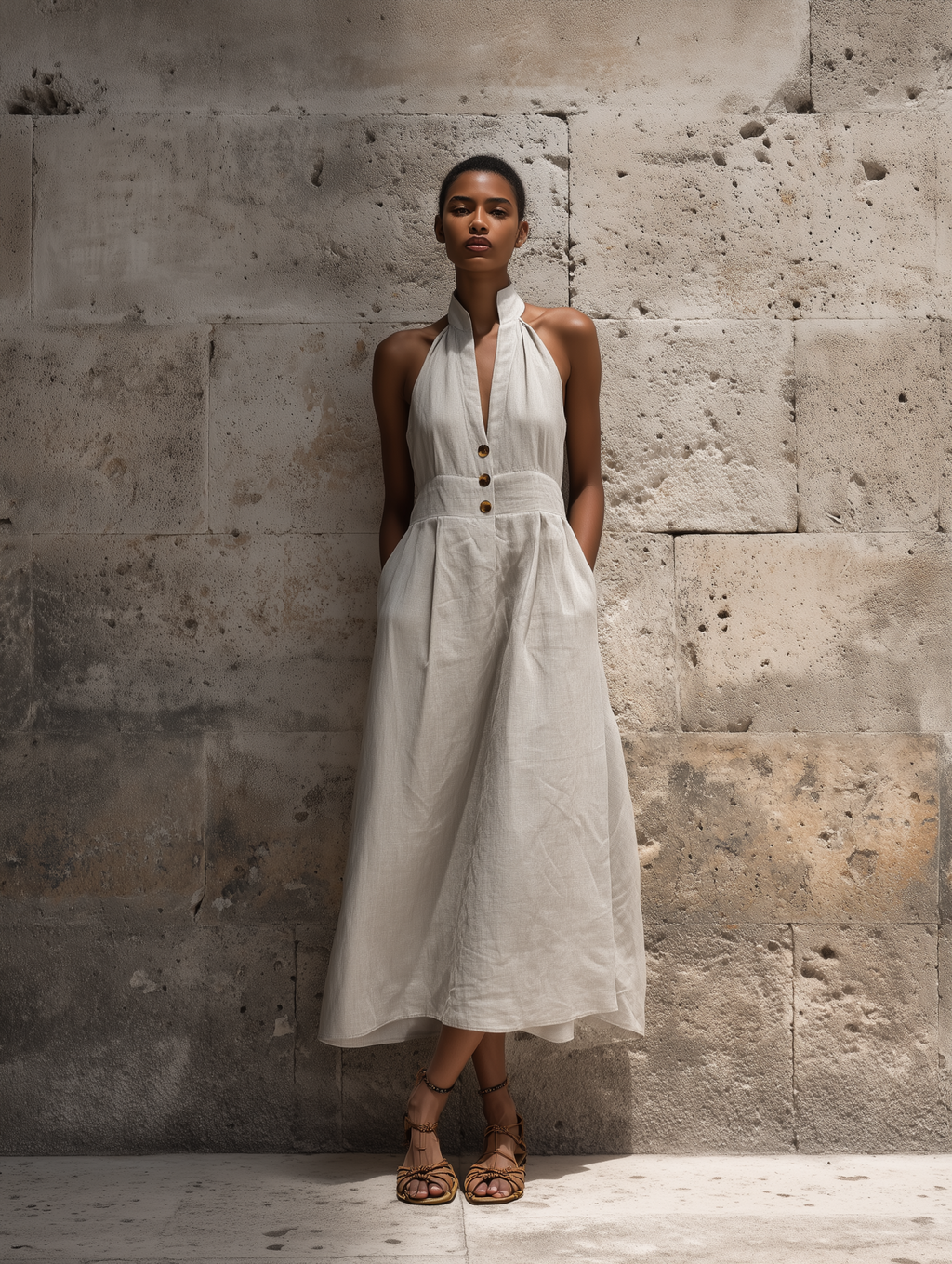 Linen Halter Neck Midi Dress with Button Front and Wide Belted Waist