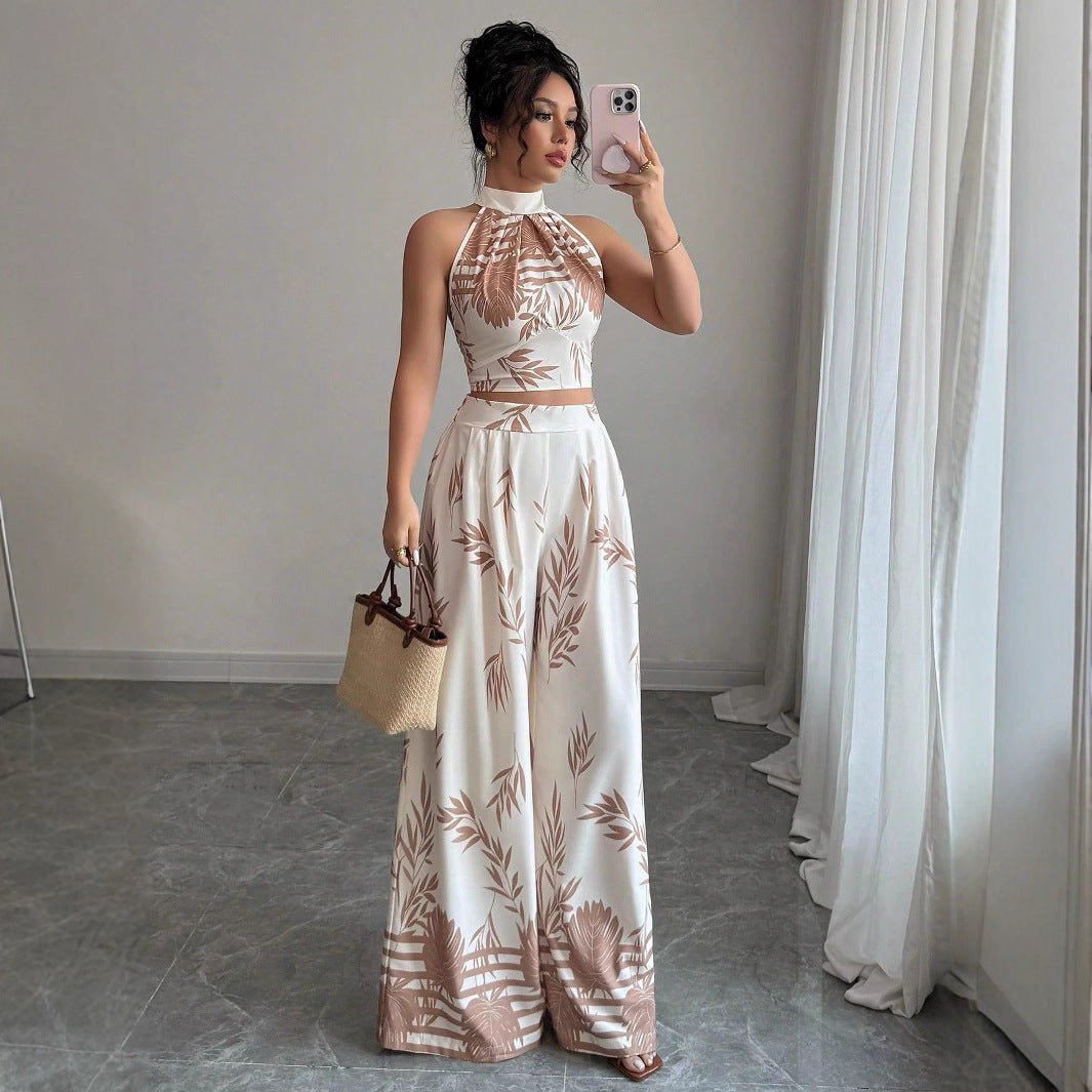 Leaf Print Halter Neck Crop Top & Wide-Leg Pants Set