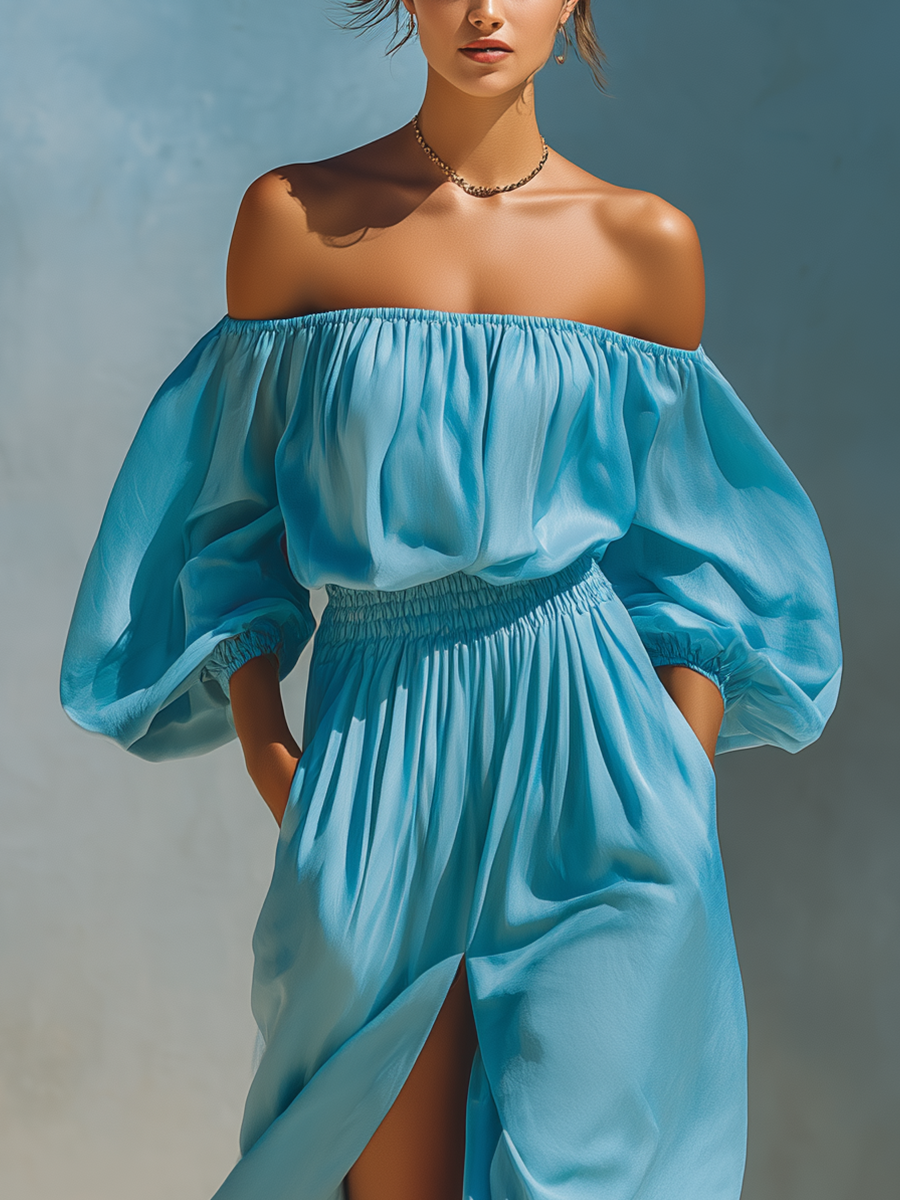 Lightweight Chiffon Off-Shoulder Maxi Dress with High Slit and Puff Sleeves