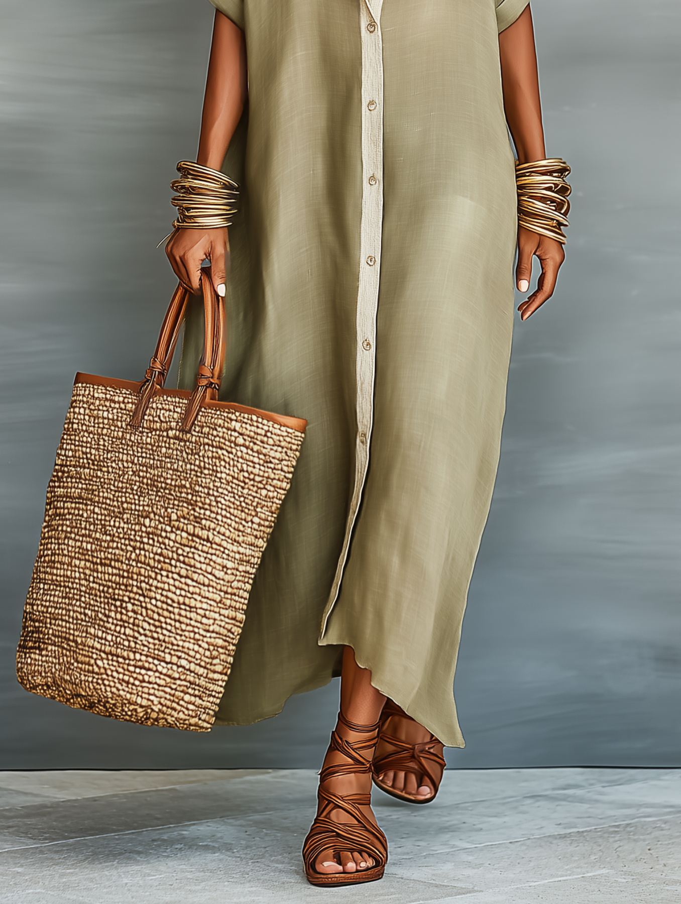 Linen Long Shirt Dress for Women - Flowy Maxi Dress with Button Front and Roll-Up Sleeves