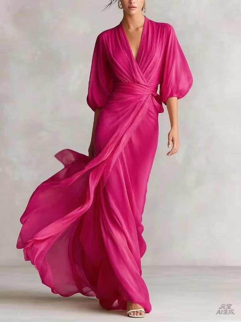 Ruched Wrap V Neck Flowy Maxi Dress