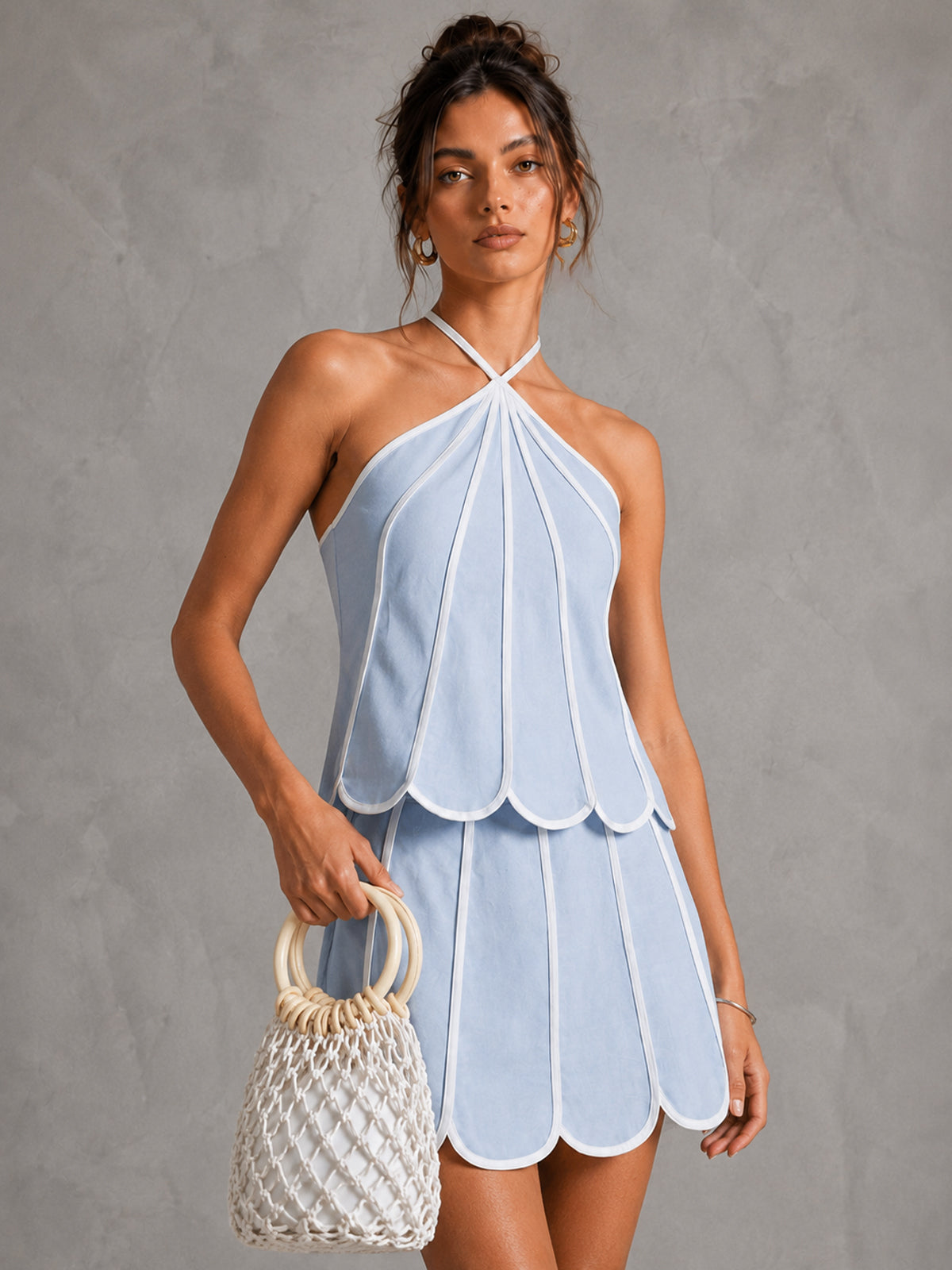 Scallop Trim Halter Top and Mini Skirt Two Piece Set