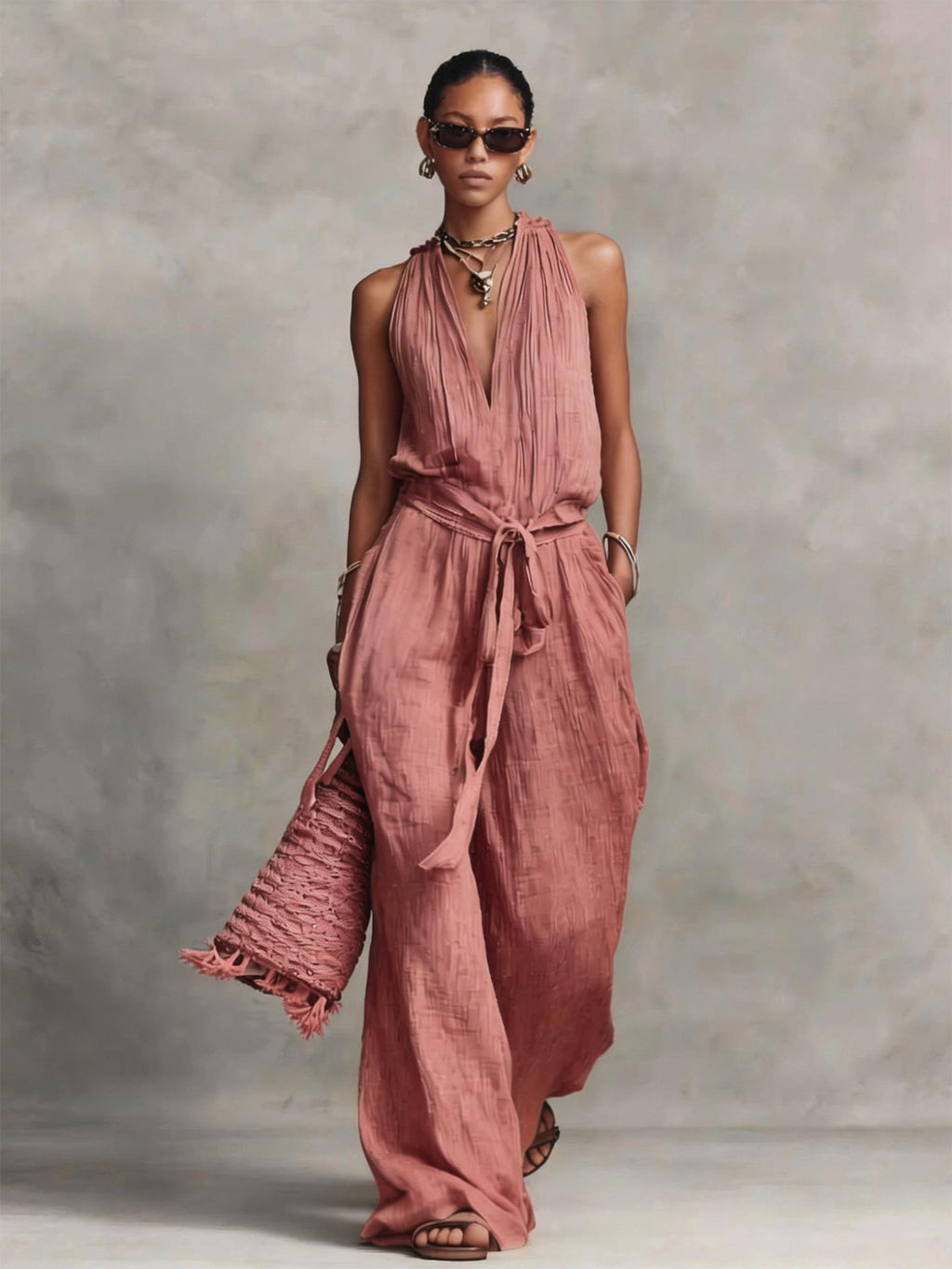 Pleated Halter Neck Belted Jumpsuit