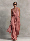 Pleated Halter Neck Belted Jumpsuit