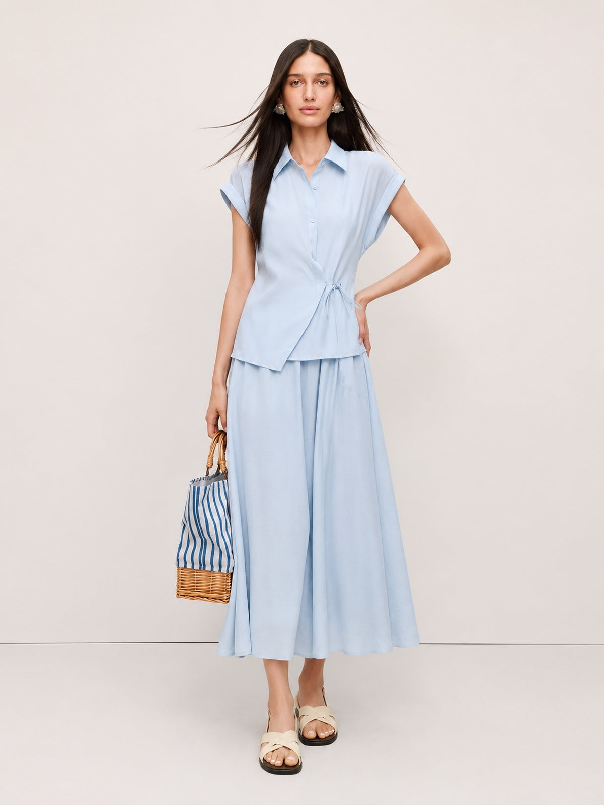 Tie-Waist Shirt And Full Midi Skirt Set